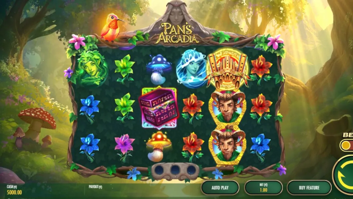 Tampilan visual slot Pan’s Arcadia dengan latar belakang hutan mitologi Yunani