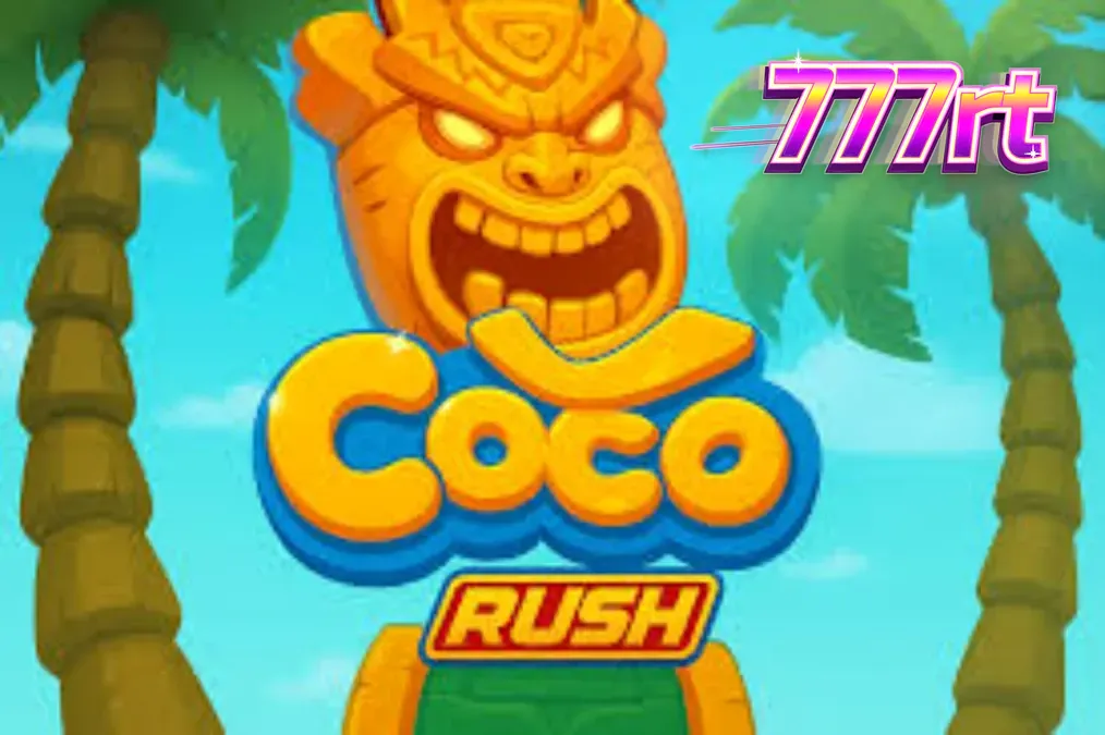 Tampilan visual slot Coco Rush dengan latar belakang pulau tropis dan simbol-simbol bertema harta karun.